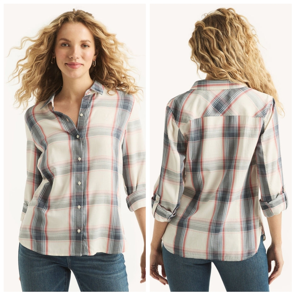 Nautica Women's Button Front Long Sleeve Roll Tab Shirt